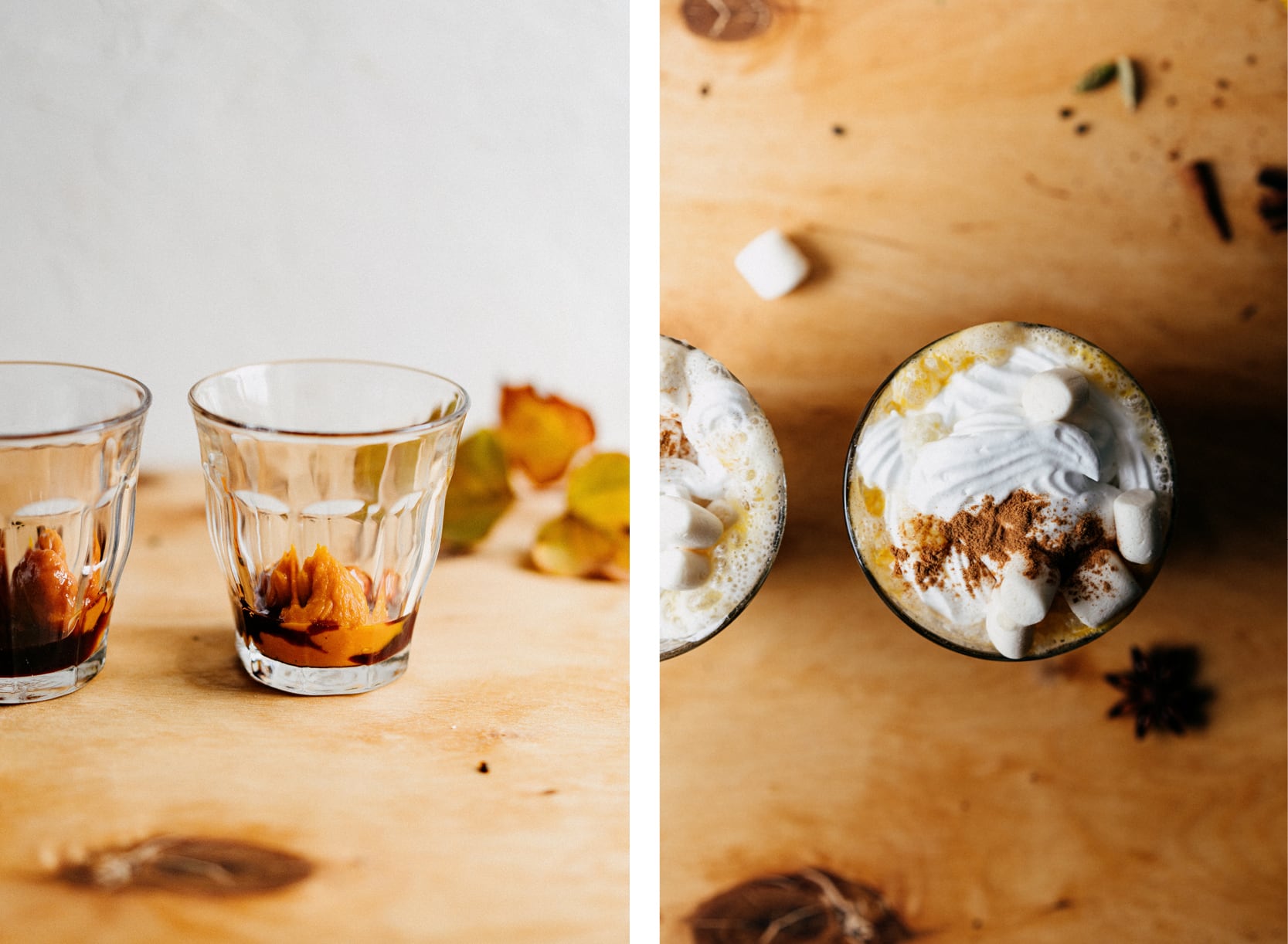 Pumpkin Spice Latte mit Sahne und Marshmallows